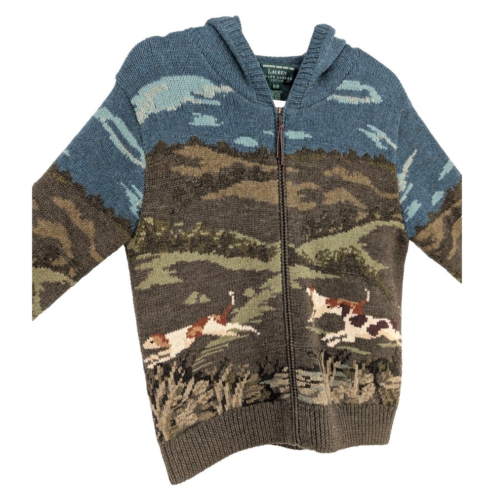 VTG‎ Ralph Lauren Hand Knit Wool Hunting Dog Zip Hooded Sweater SP Heritage Prep - Picture 11 of 15